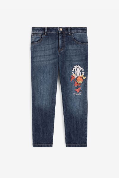Girls (4-16Y) Ink_Dark_Blue_ Roberto Cavalli Rc Monogram And Bird-Embroidered Jeans Ready To Wear