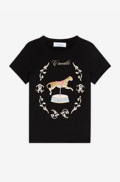 Roberto Cavalli Ready To Wear Black Girls (4-16Y) Leopard-Print Cotton T-Shirt