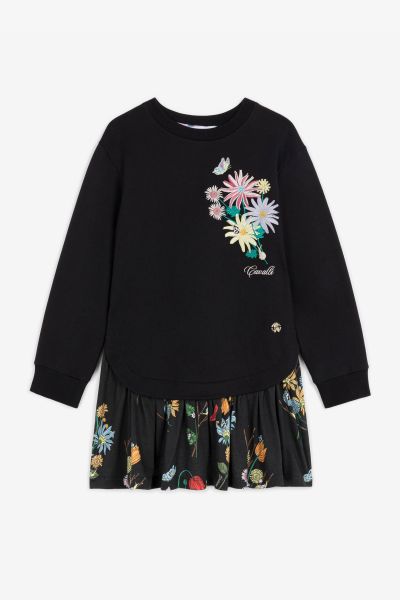 Ready To Wear Roberto Cavalli Girls (4-16Y) Black Logo And Floral-Embroidered Sweatshirt Dress