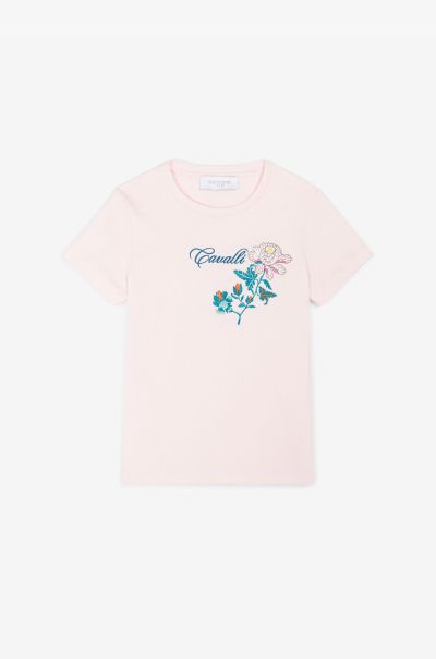 Baby_Pink Roberto Cavalli Ready To Wear Girls (4-16Y) Flower-Embroidered Cotton T-Shirt