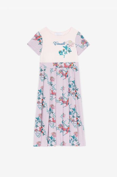Floral-Print Pleated Cotton Dress Roberto Cavalli Ready To Wear Baby_Pink Girls (4-16Y)