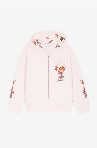 Girls (4-16Y) Roberto Cavalli Baby_Pink Ready To Wear Embroidered-Design Cotton Zipped Hodie