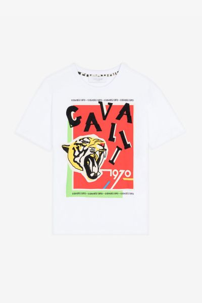 Tiger And Logo-Print Cotton T-Shirt Roberto Cavalli Boys (4-16Y) Ready To Wear Optical_White_