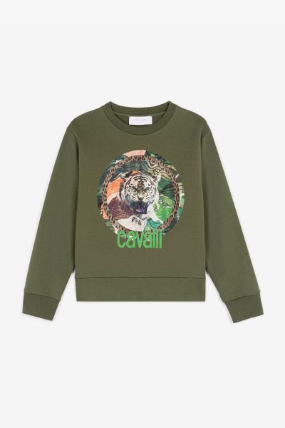 Military_Green Boys (4-16Y) Tiger-Print Cotton Sweatshirt Roberto Cavalli Ready To Wear