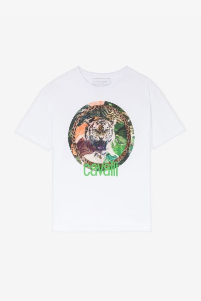 Ready To Wear Optical_White Tiger-Print Cotton T-Shirt Roberto Cavalli Boys (4-16Y)